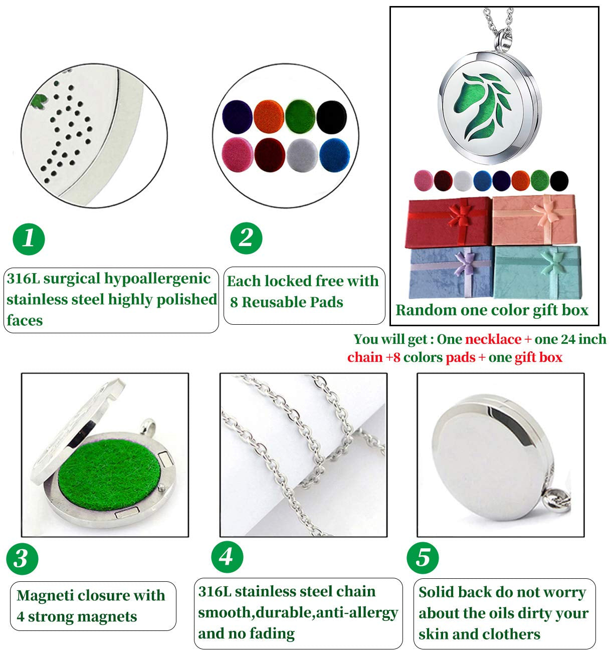 Essential Oil Diffuser Necklace Aromatherapy Jewelry Stainless Steel Horse Animal Locket Pendant with 24 Inch Chain 8 Pads Birthday Christmas Jewelry Gift for Women Men