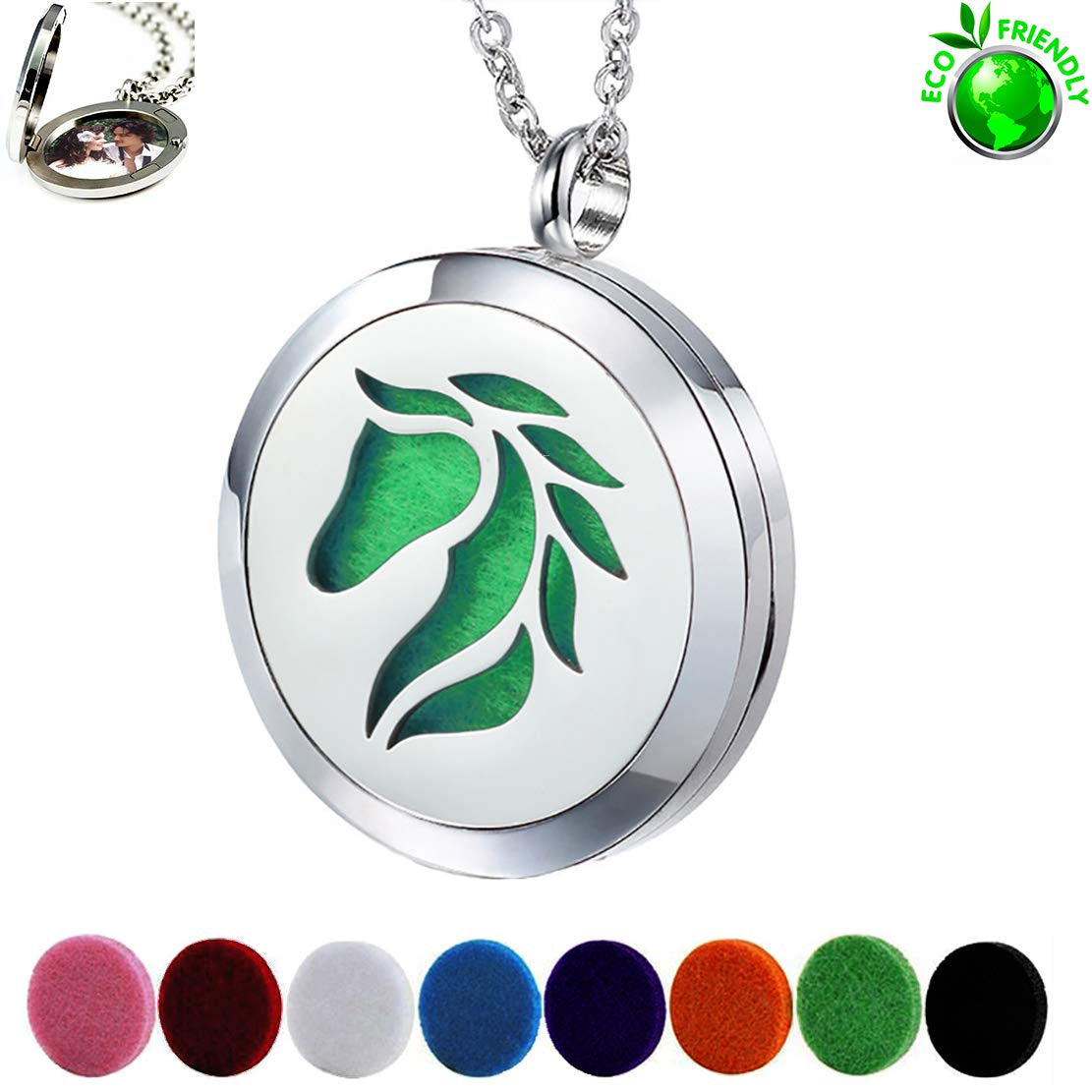 Essential Oil Diffuser Necklace Aromatherapy Jewelry Stainless Steel Horse Animal Locket Pendant with 24 Inch Chain 8 Pads Birthday Christmas Jewelry Gift for Women Men